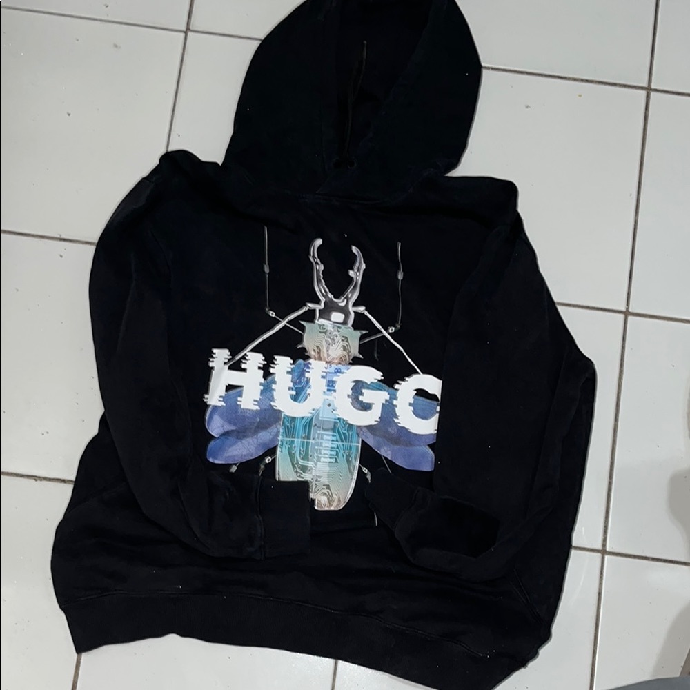 HUGO Black Hoodie with Insect Graphic